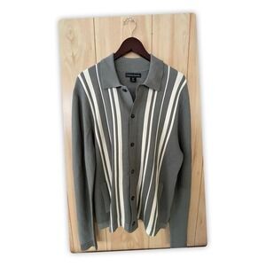Christian Lacroix Striped Button-Front Knit Cardigan in Olive & Cream Med